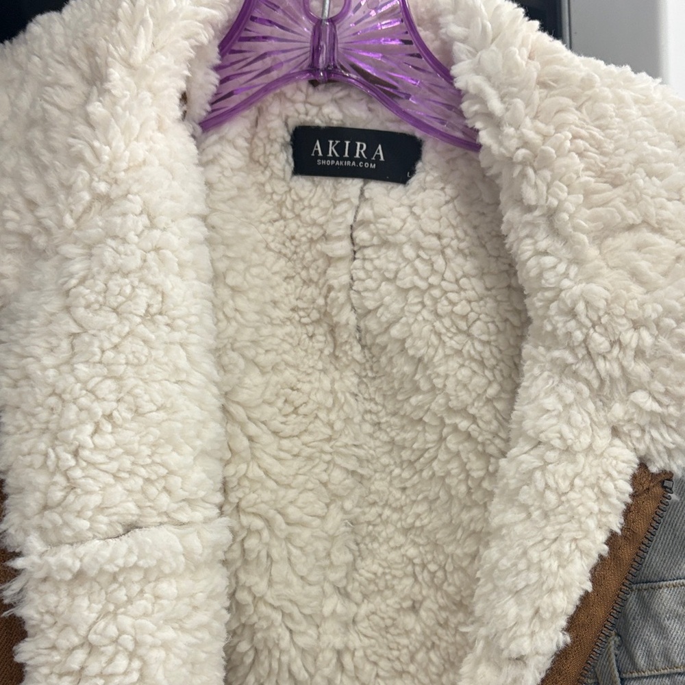AKIRA Denim and Shearling Patchwork Jacket - image 2